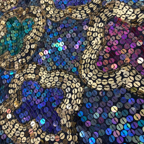 Vintage SNF Silk Sequin Shorts Quatrefoil Flower Glitz Glam Black Gold Peacock - Picture 5 of 7